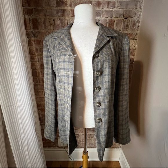 Vintage Plaid Blue & Brown Button Down Blazer -Size 12 -BC01 - Picture 7 of 9